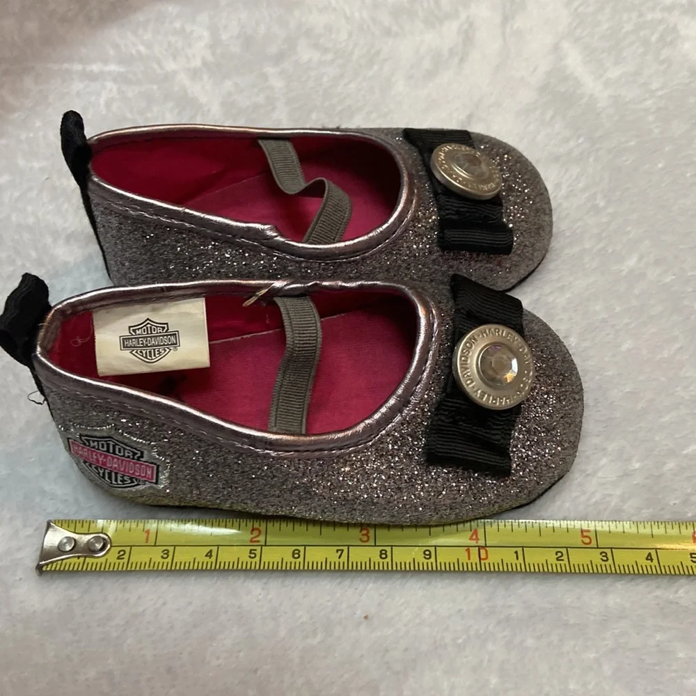 Harley-Davidson Silver Glitter Girls' Mary Jane Shoes with Pink Lining